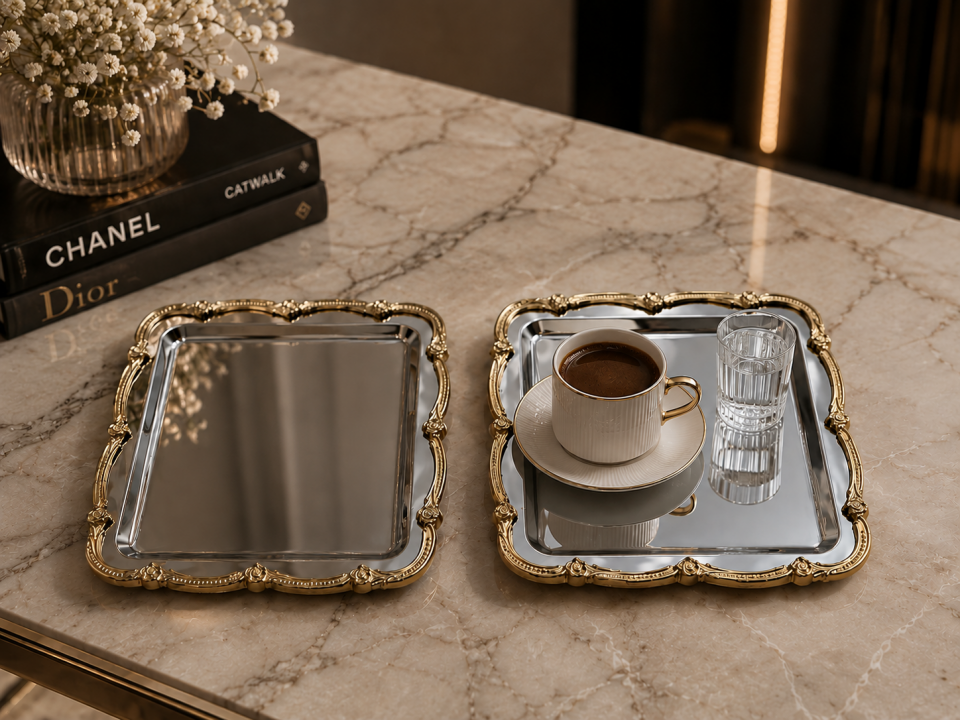 Paslanmaz çelik kare lux gold çerçeveli servis ve sunum tepsisi 22*22 2li