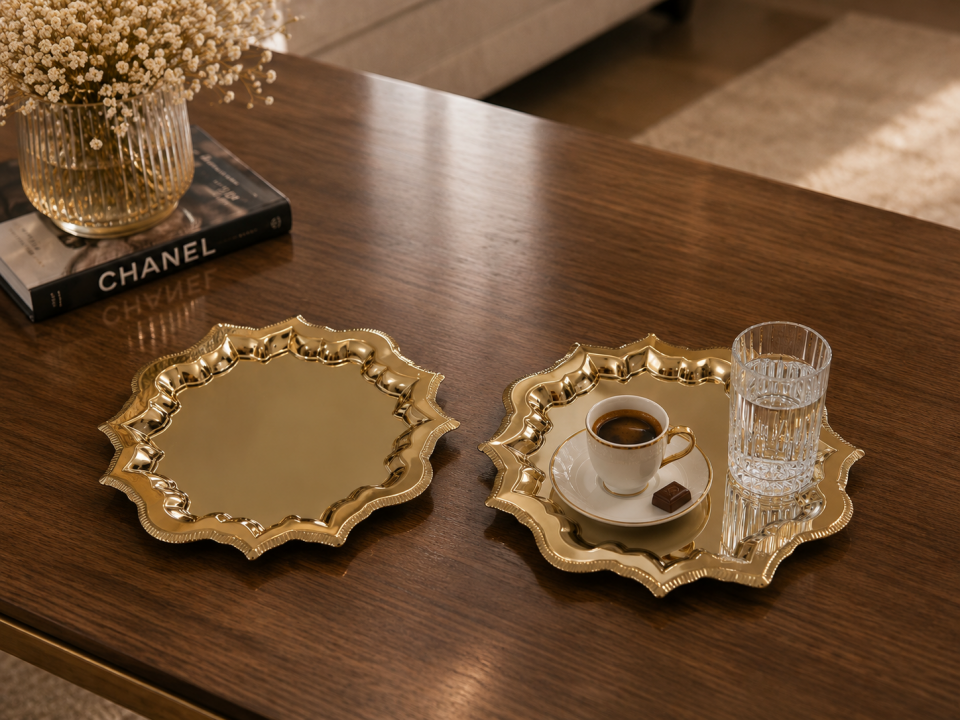 Paslanmaz çelik güneş model kenar desenli gold kahve sunum tepsisi 24*24 6lı