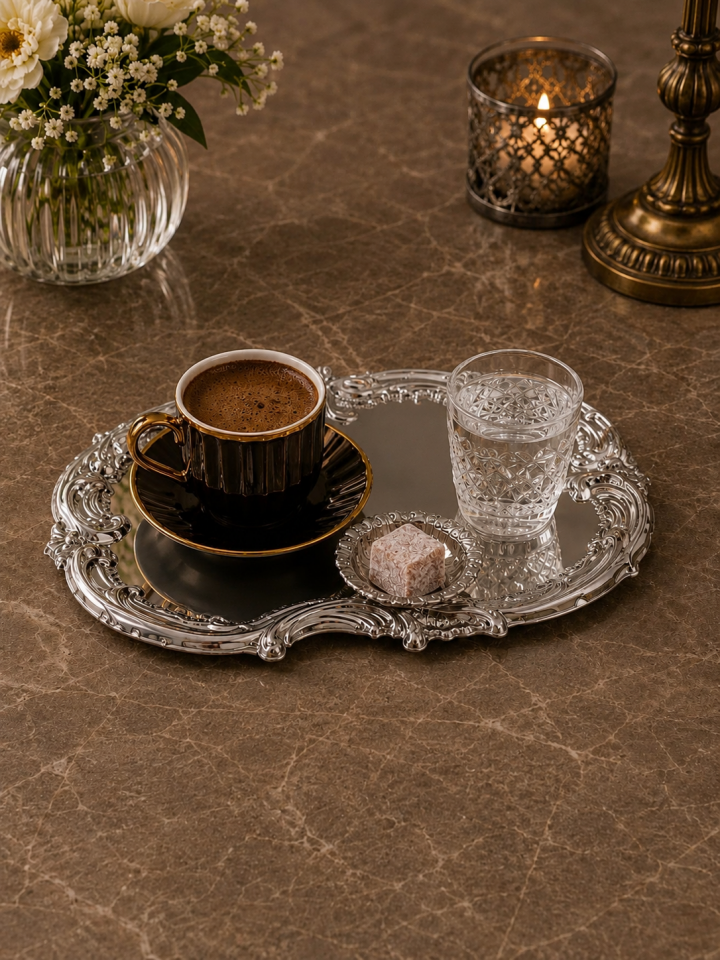 Paslanmaz çelik gümüş işlemeli  artnova servis ve sunum tepsisi 30*20  3lü