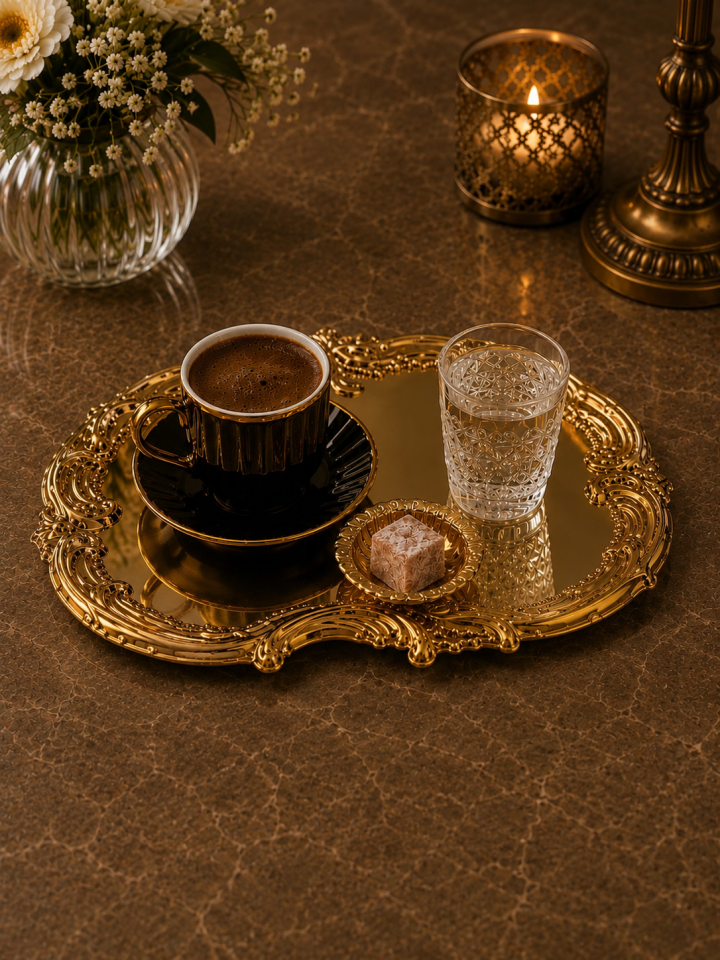 Paslanmaz çelik gold işlemeli artaova servis ve sunum tepsisi 30*20 2 li