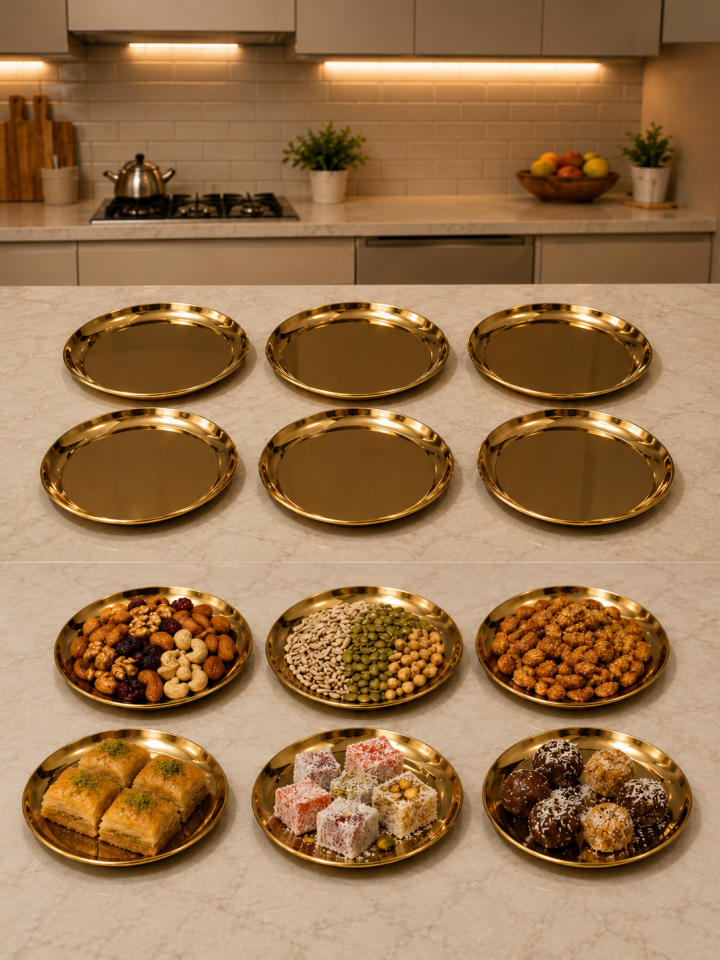 Paslanmaz çelik gold 6 lı mini çerezlik pasta veya tatlı tabağı 12 cm